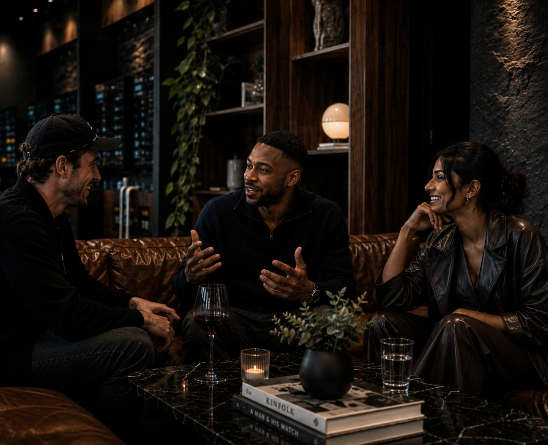 Friends laughing together over wine in the club lounge