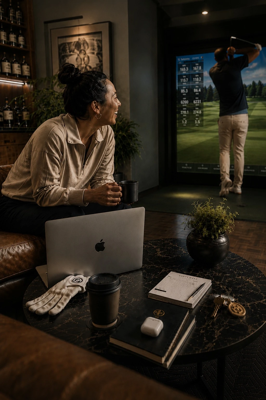 A member laughing over coffee with a laptop and golf glove on the table, while a friend tees off on the simulator behind her