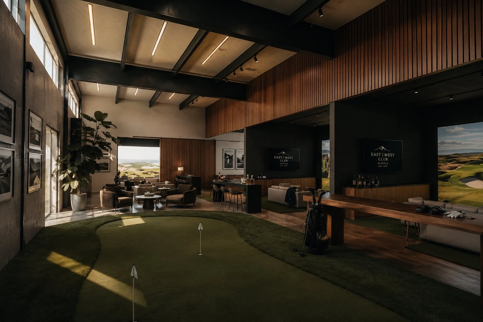 The golf simulator lounge and putting green