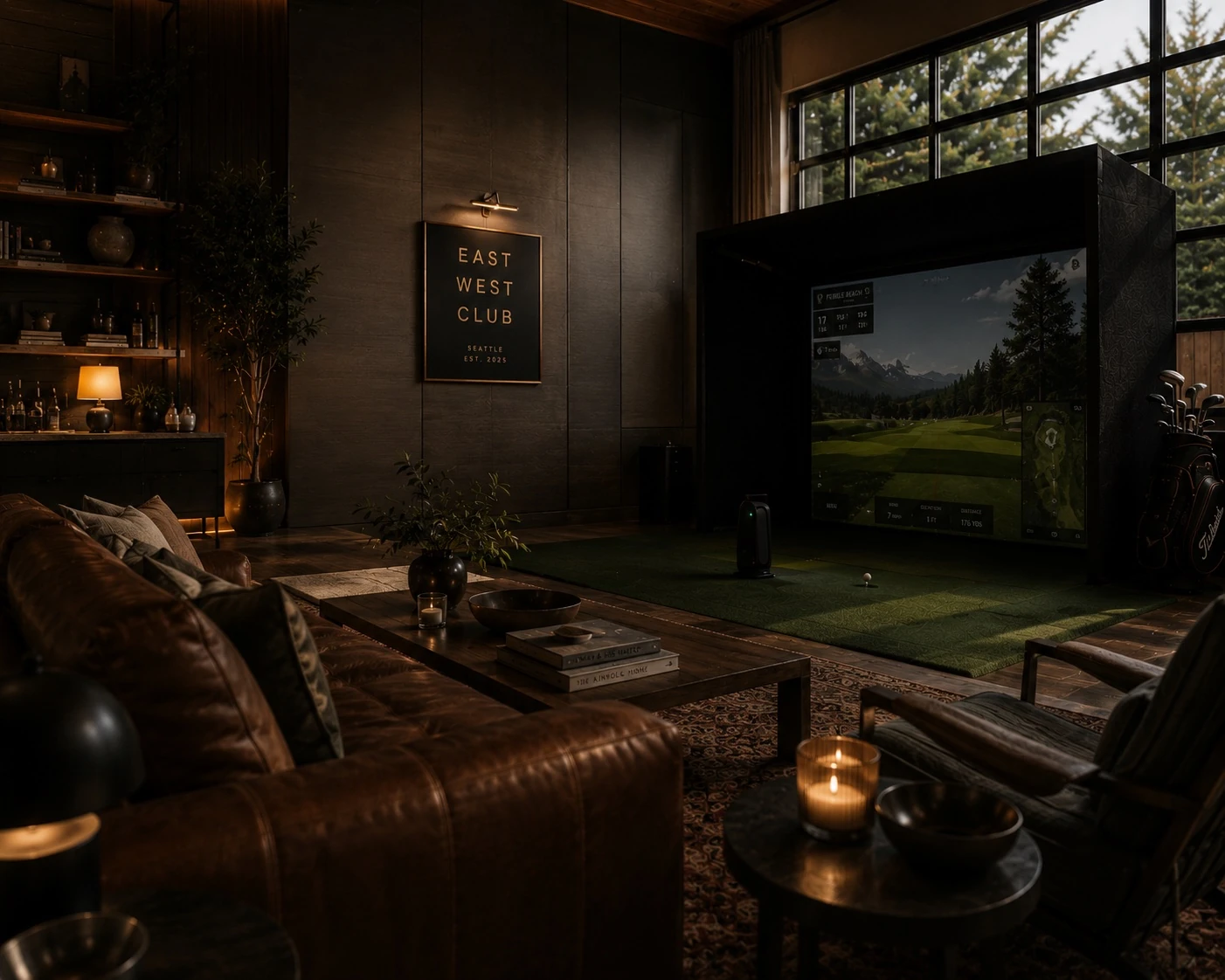A golf simulator lounge with the East | West Club sign on the wall