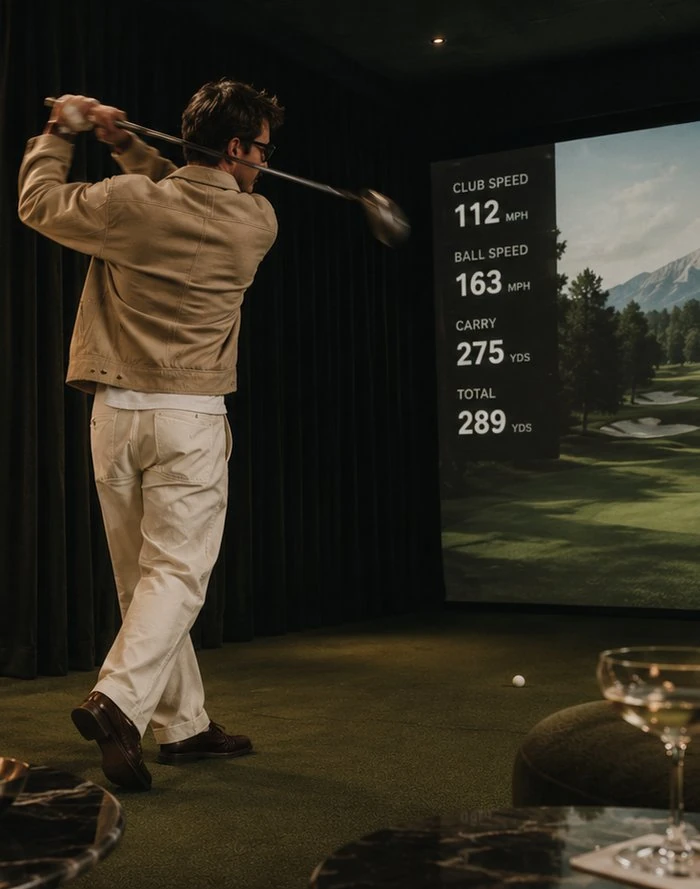 A member mid-swing in the golf simulator